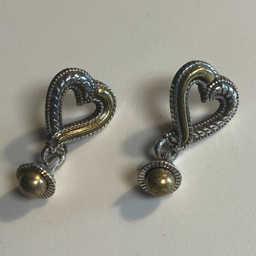 Vintage Retired Brighton Two-Tone Heart & Bell Drop Earrings | Mixed Metal